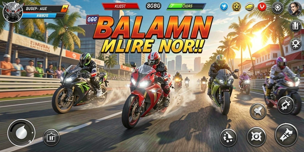 Screenshot dari gameplay <strong>8G8G</strong> yang menampilkan balapan motor yang intens.