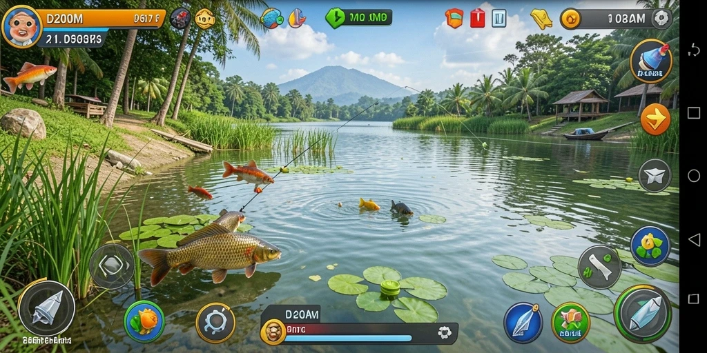 Screenshot D200M menunjukkan pemain menangkap ikan besar dengan latar belakang laut yang indah.