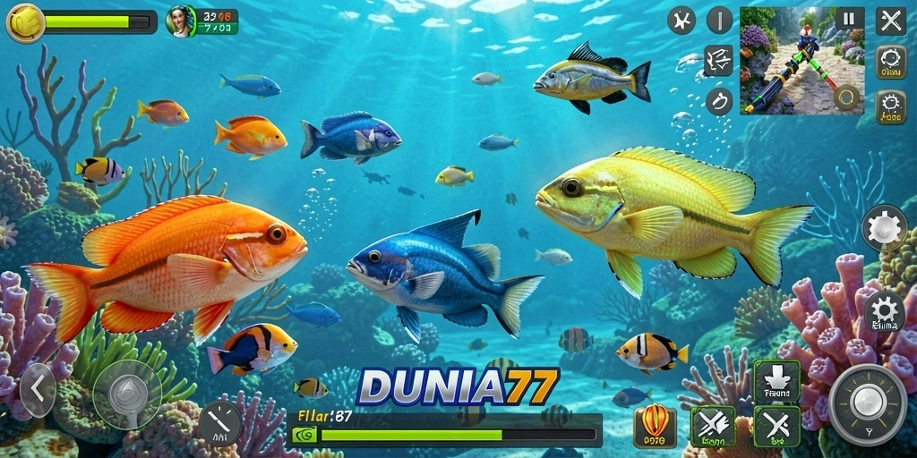 Tampilan gameplay DUNIA77 menembak ikan secara seru.