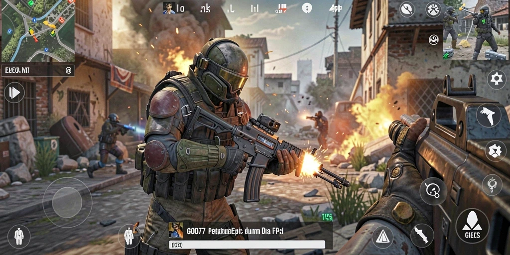 Screenshot utama menampilkan aksi epik dalam gameplay FPS.