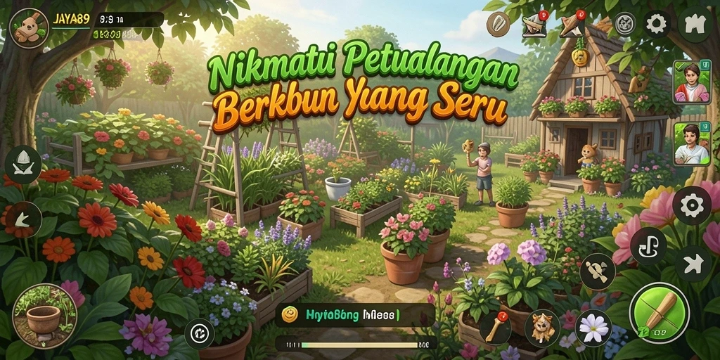 Screenshot gameplay JAYA89 menampilkan ladang yang subur dan beragam tanaman.