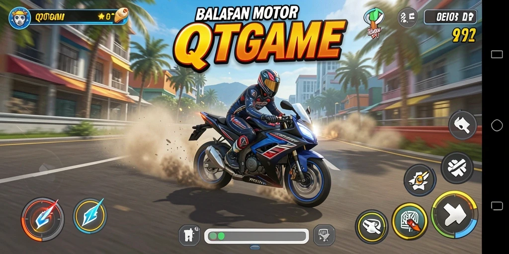 Screenshot gameplay QTGAME menampilkan balapan motor yang mendebarkan.