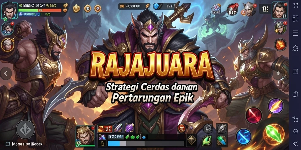 Screenshot gameplay RAJAJUARA menampilkan pertempuran strategi yang mendebarkan.