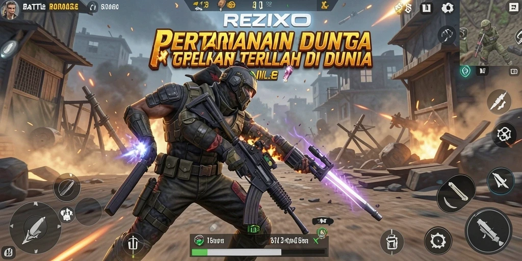 Tangkapan layar utama REZIXO menampilkan aksi pertempuran seru Battle Royale.