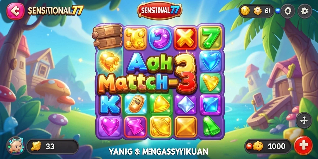 Tampilan gameplay SENSATIONAL77 yang menampilkan aksi Match-3 yang seru.