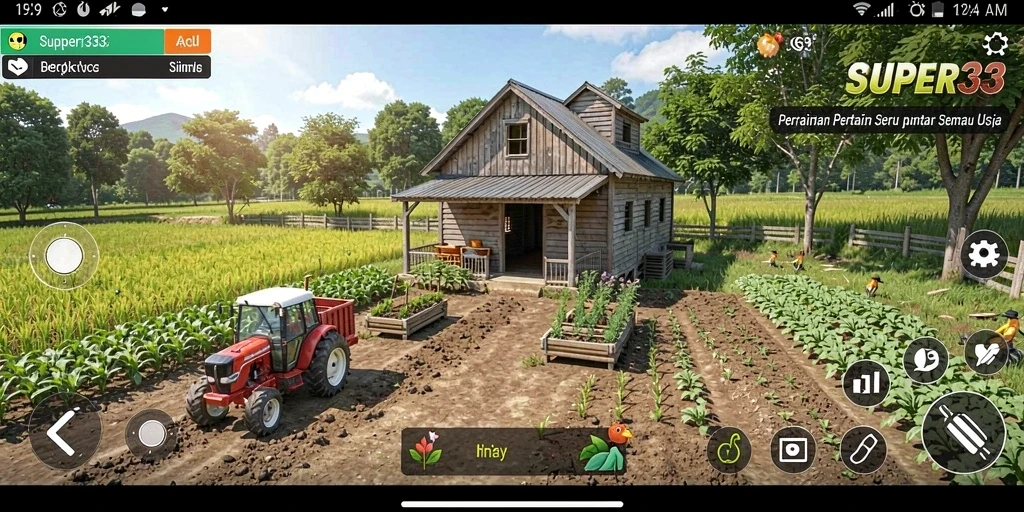 Tampilan gameplay SUPER33 yang menampilkan suasana pertanian yang cerah.